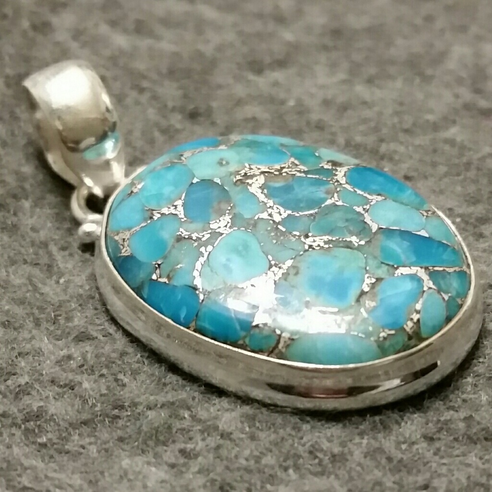 925 Silver Wide Oval Copper Blue Turquoise Pendant - Picture 2 of 7